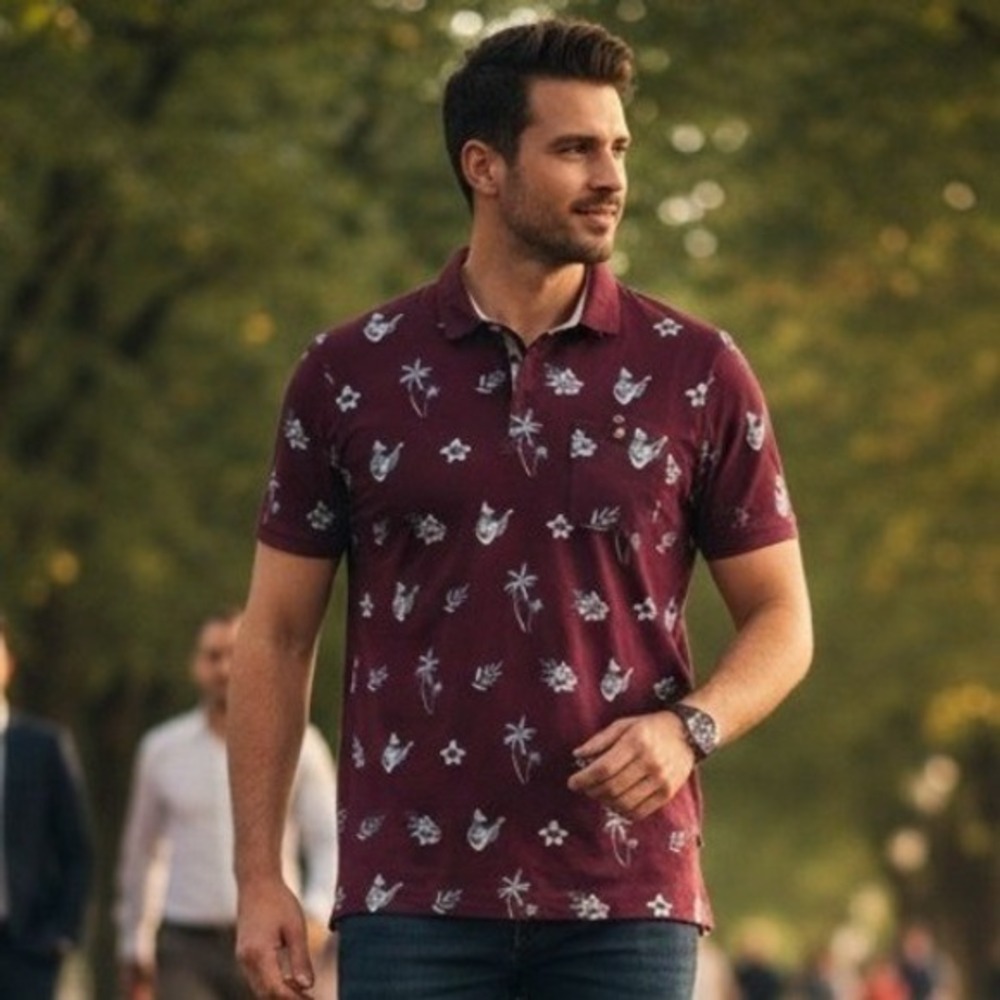 Ted Baker Mens Polo Shirt 5 XL Burgundy Tropical Parrots Coastal Retro Preppy XL